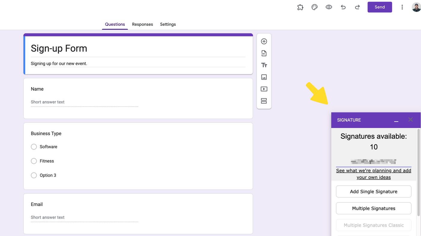 Signature add-on pop-up window in Google Forms