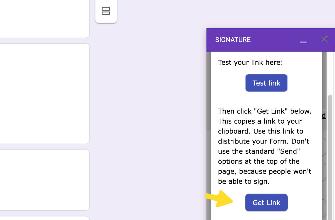 Test Link and Get Link buttons in the Signature add-on