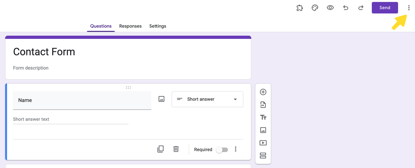 Screenshot of Google Forms three-dot menu showing the Add-ons option