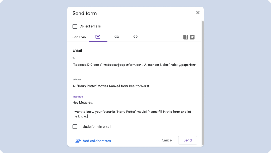 Google Forms send dialog with email option selected