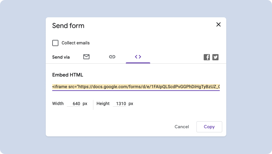 Google Forms send dialog with embed HTML option selected