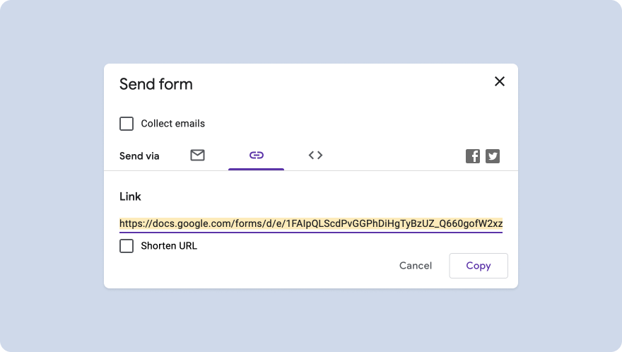 Google Forms send dialog with link option selected