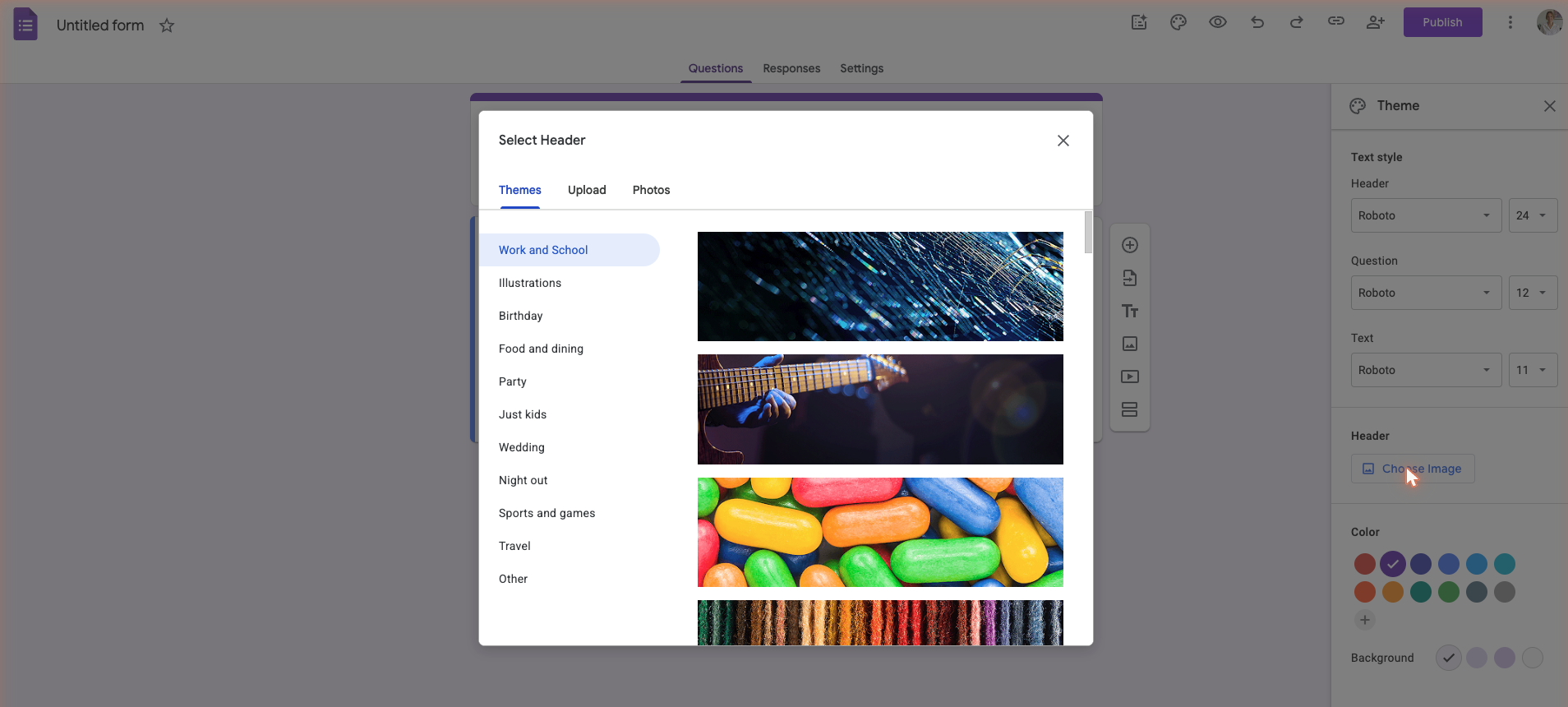 Google Forms header image library showing preset theme images
