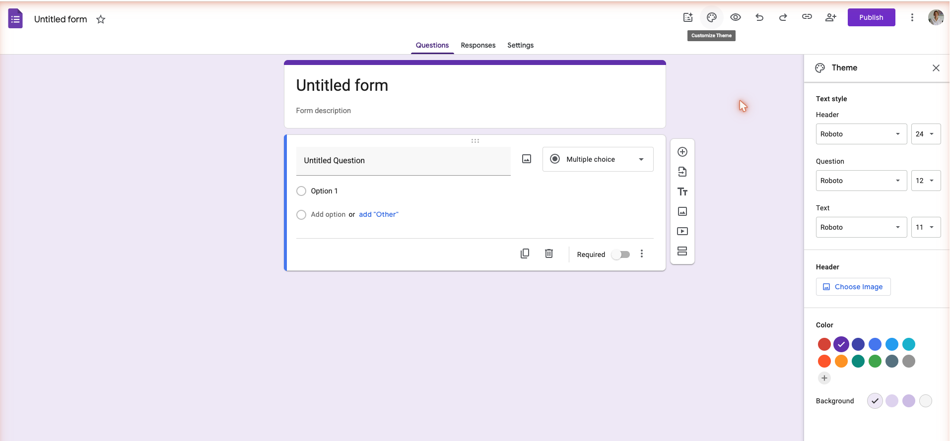 Google Forms editor with the paint palette icon highlighted in the top-right corner