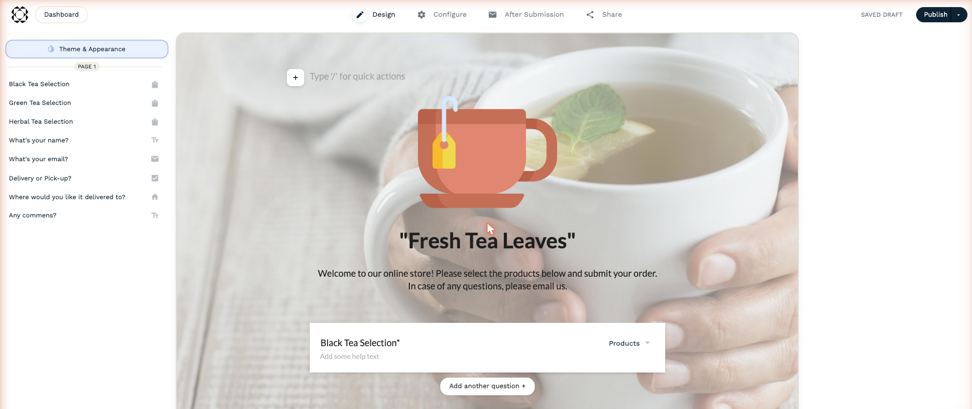 Paperform's document-style editor showing images placed freely between form fields and content blocks