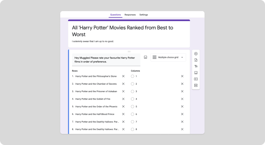Google Forms multiple-choice grid with items listed as rows and ranking numbers as columns