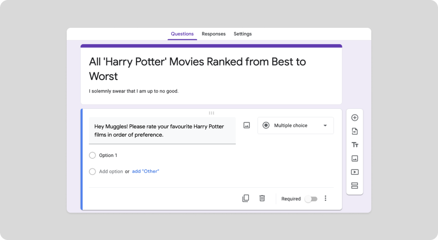 A new Google Form with a title and ranking question typed into the first question field
