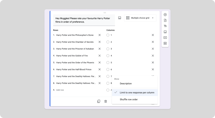 Google Forms three-dot menu with 'Limit to one response per column' selected