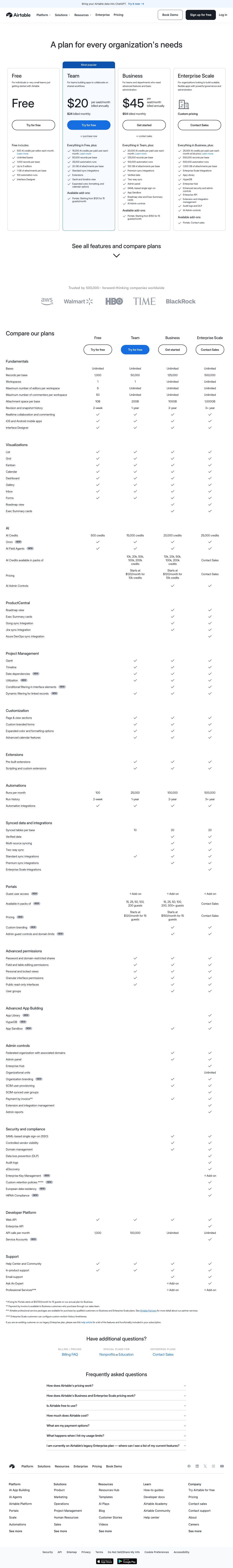 Airtable pricing page