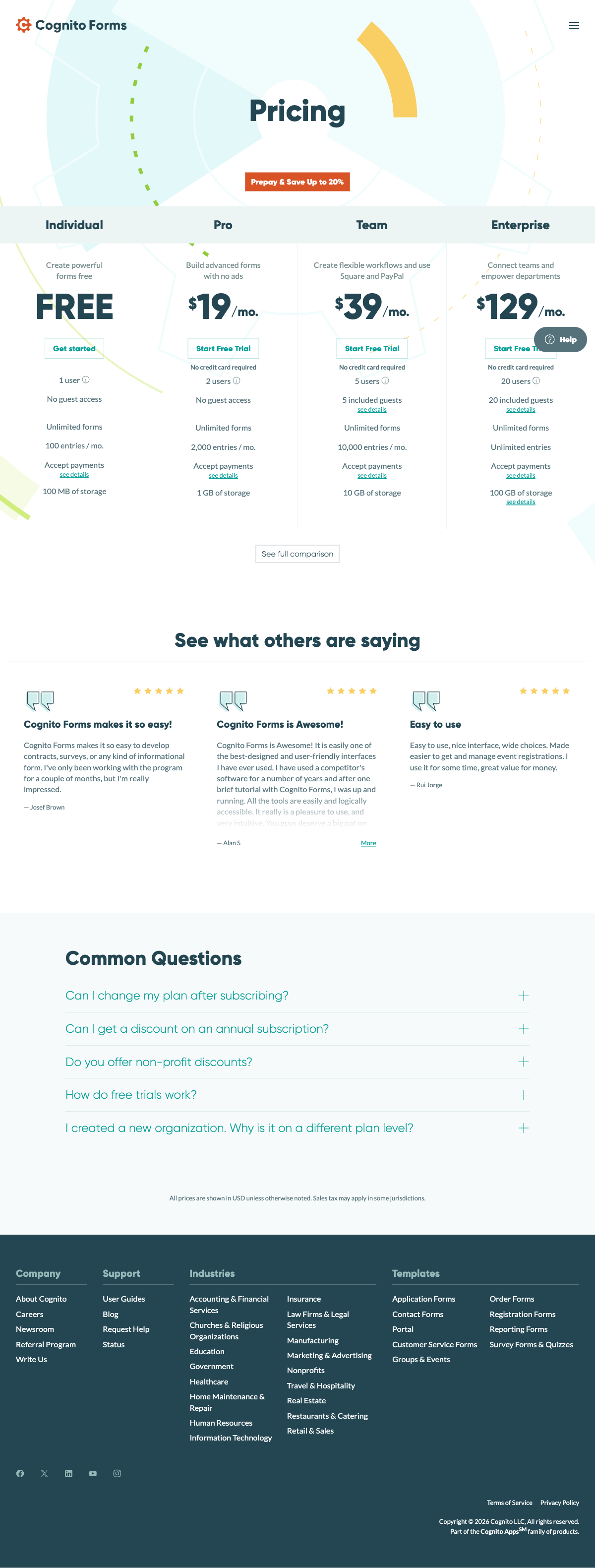 Cognito Forms pricing page