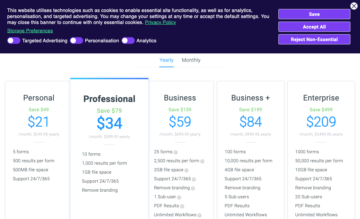 Formsite pricing page
