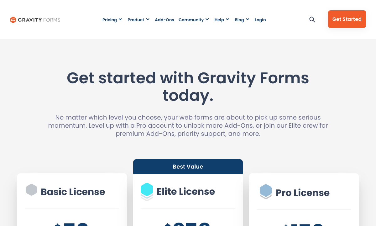 Gravity Forms pricing page