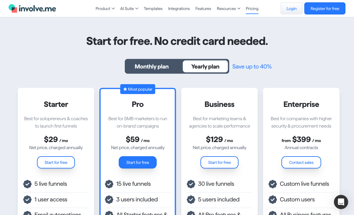 involve.me pricing page