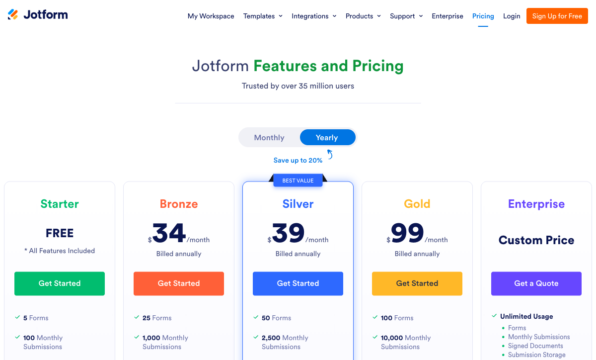 Jotform pricing page