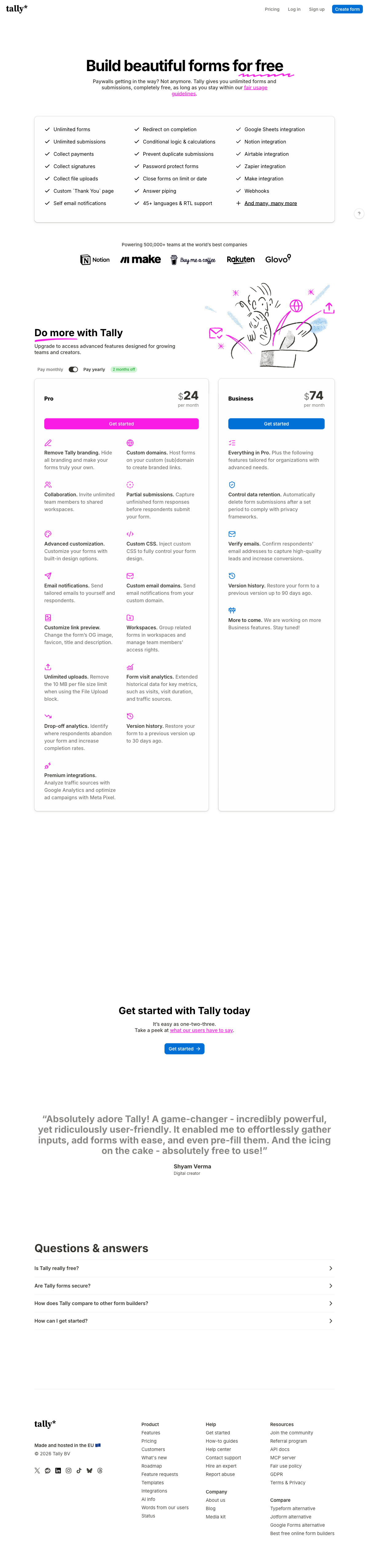 Tally pricing page