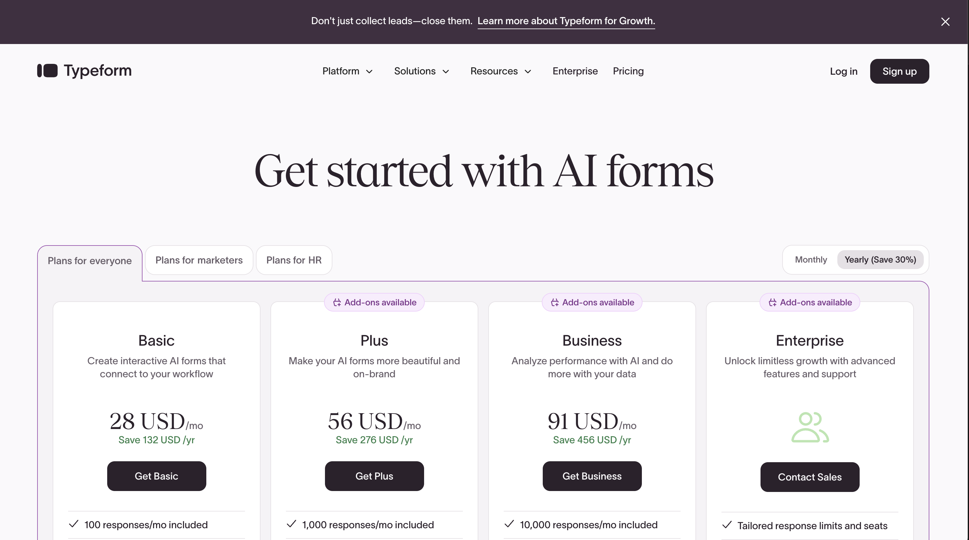 Typeform pricing page