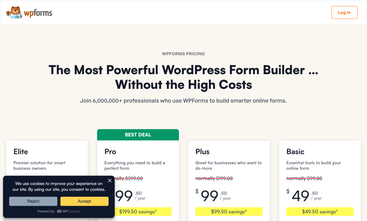 WPForms pricing page