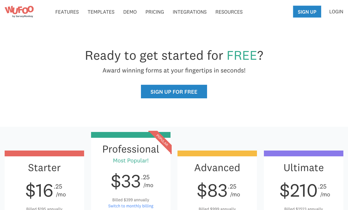 Wufoo pricing page